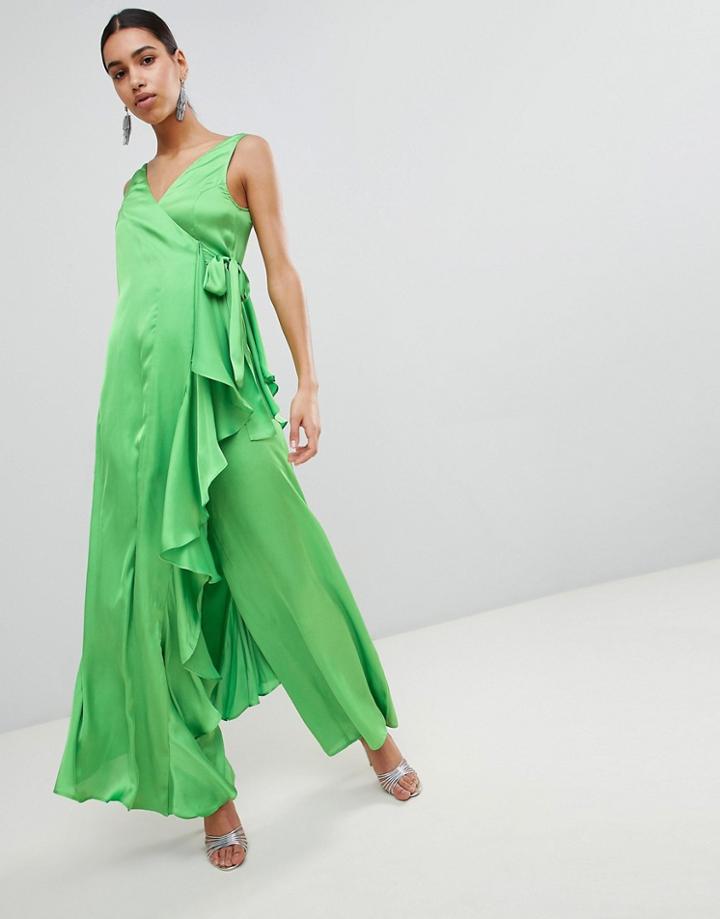 Asos Satin Jumpsuit With Waterfall Wrap - Green