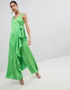 Asos Satin Jumpsuit With Waterfall Wrap - Green