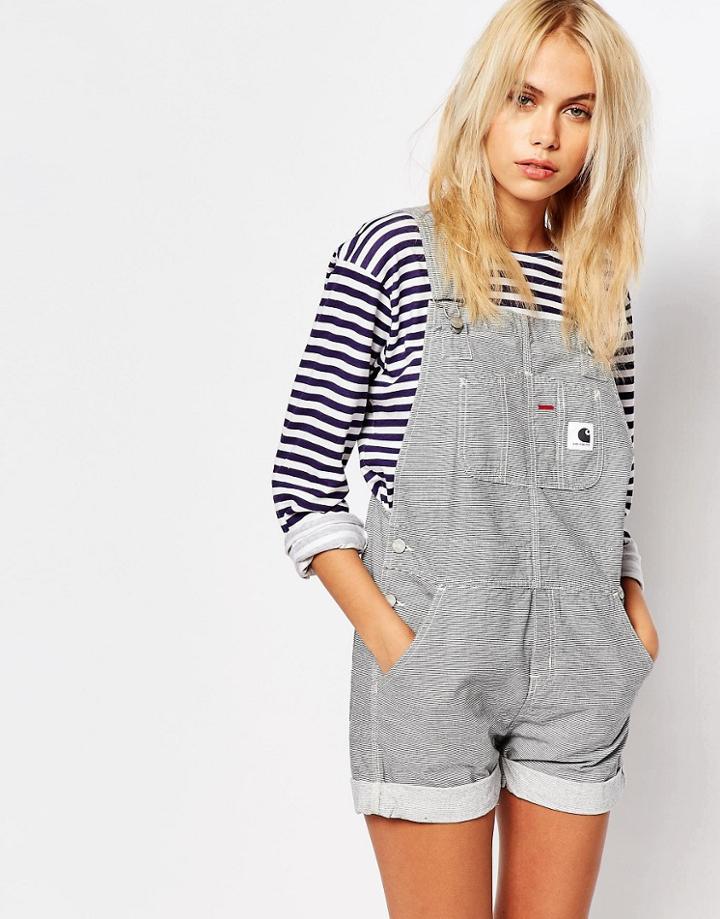 Carhartt Overall Romper In Hickory Stripe - Blue Super Bleach