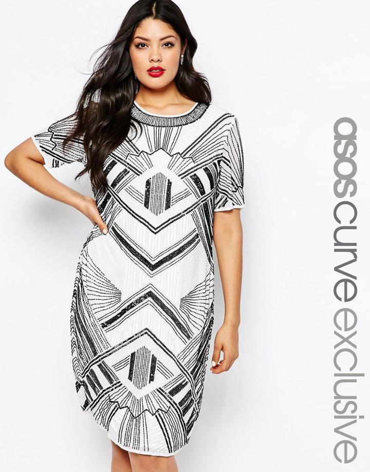 Asos Curve Midi Pencil Dress In Linear Mono Embellishment - White