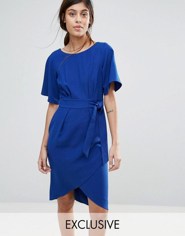 Closet London Tie Front Dress With Kimono Sleeve - Blue