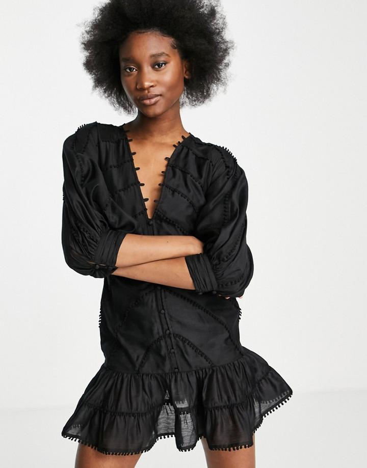 Asos Design Structured Mini Dress With Lace Trim Detail And Puff Sleeve-black