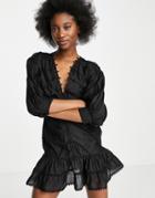 Asos Design Structured Mini Dress With Lace Trim Detail And Puff Sleeve-black