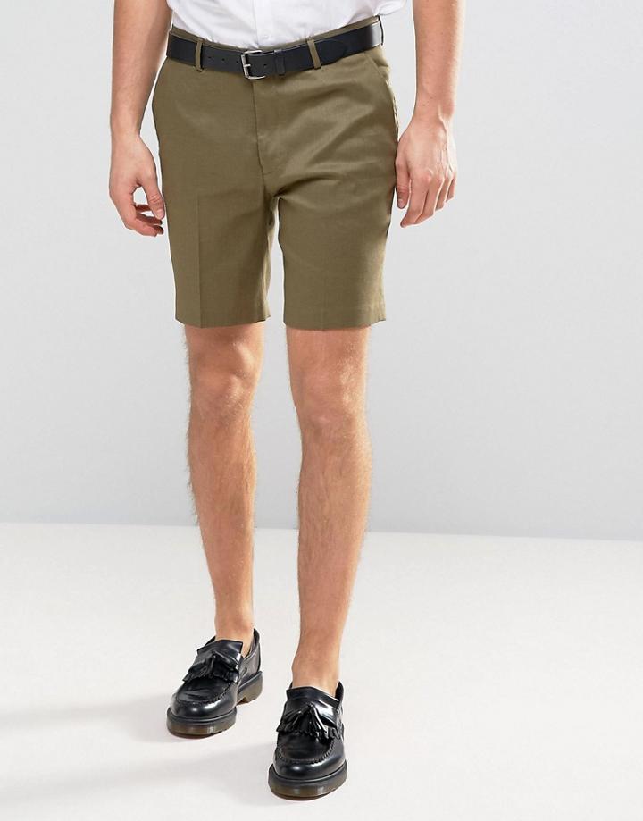 Asos Slim Smart Short In Khaki Linen Mix - Green