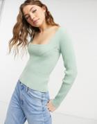 Asos Design Ribbed Sweater With Square Neck In Sage-green