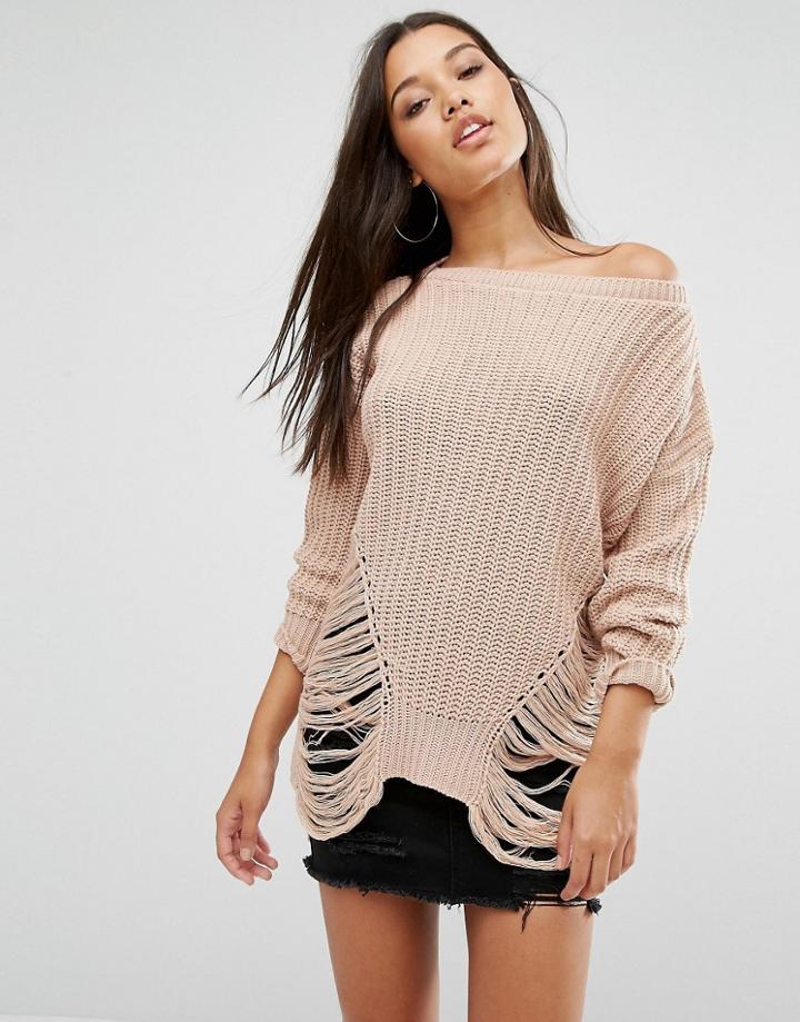 Missguided Distressed Off The Shoulder Sweater - Pink