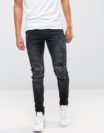 Avior Skinny Distressed Jeans With Camo Detail - Black