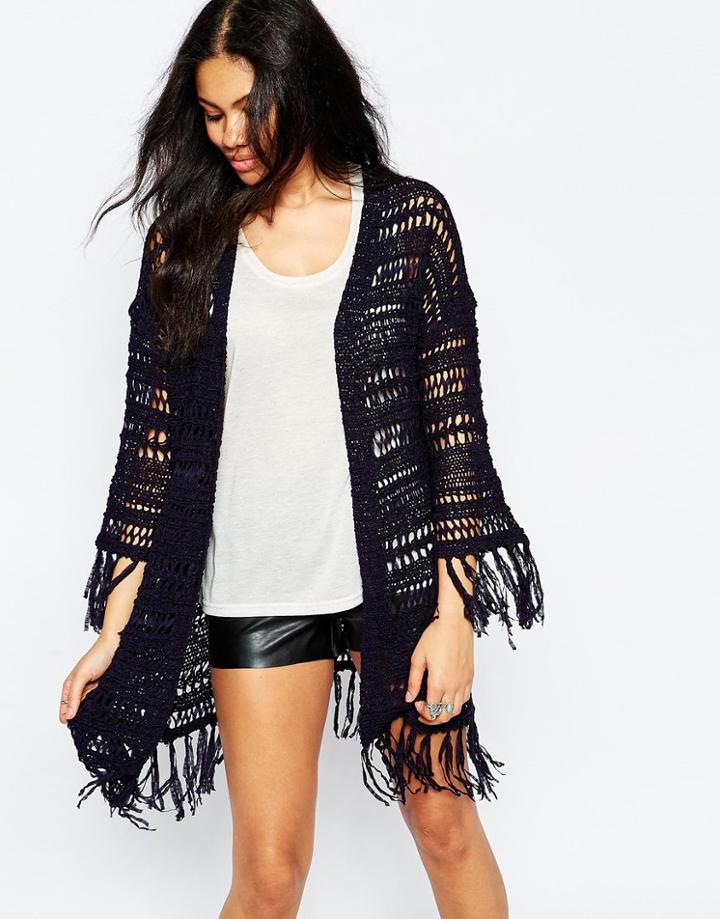 Brave Soul Long Line Cardigan With Tassel Detail - Navy