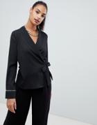 Boohoo Contrast Piping Wrap Satin Blouse In Black - Black