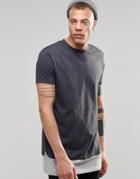 Asos Super Longline T-shirt With Layered Contrast Hem Extenders With Wide Neck Trim - Ebony