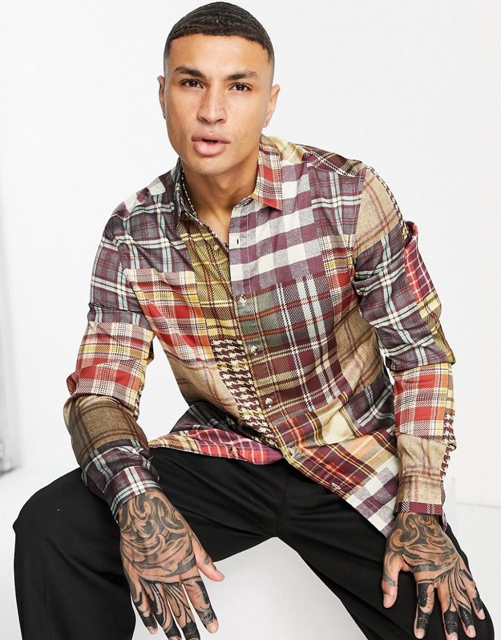 Asos Design Check Patchwork Satin Shirt-multi