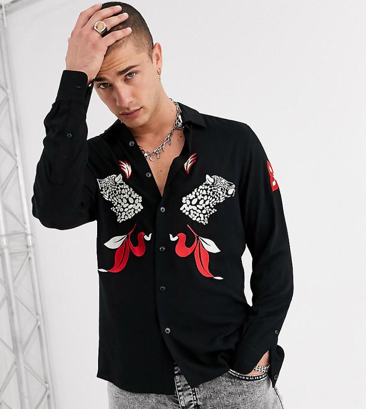 Heart & Dagger Long Sleeve Revere Embroidered Shirt In Black