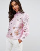 Asos Premium Embroidered Top With Exaggerated Sleeve - Pink