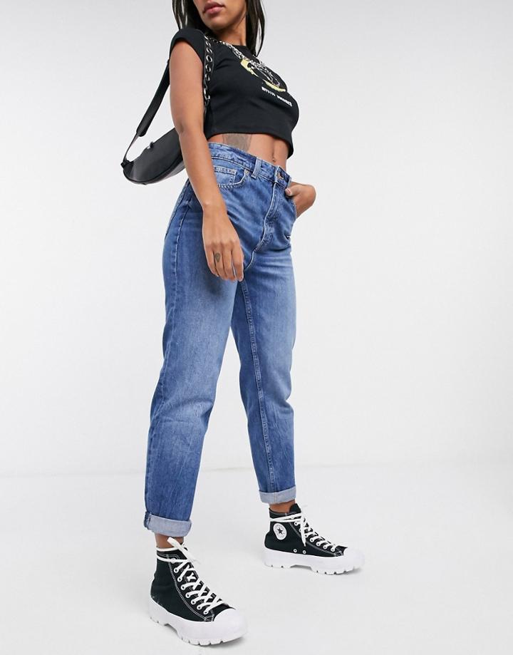 Bershka Mom Jean In Medium Blue