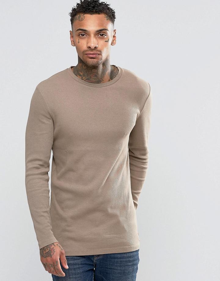 Asos Rib Longline Muscle Long Sleeve T-shirt In Beige - Brown