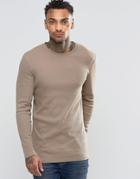 Asos Rib Longline Muscle Long Sleeve T-shirt In Beige - Brown