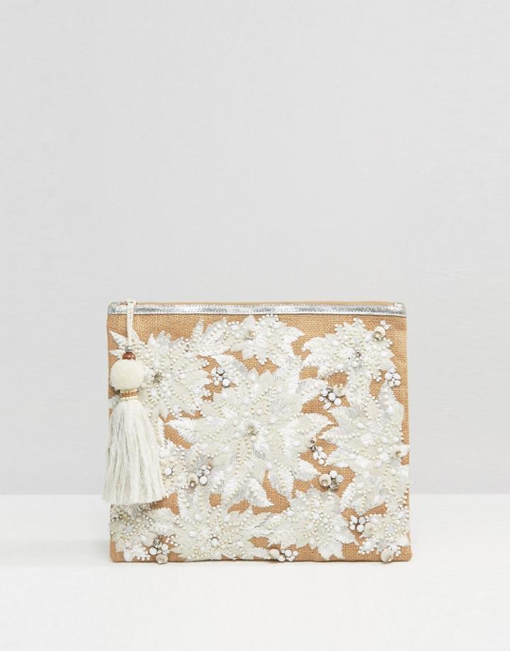Star Mela White Embroidered Jute Clutch Bag With Beading - White