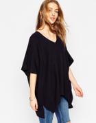 Asos Oversized Poncho With V Neck In Mixed Stitches - Navy