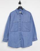 Monki Allison Cotton Oversized Denim Shirt In Blue - Mblue-blues