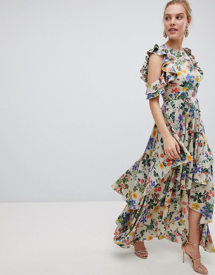 Asos Design Floral Print Satin Ruffle Sleeve Maxi Dress With Dipped Hem - Multi