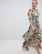 Asos Design Floral Print Satin Ruffle Sleeve Maxi Dress With Dipped Hem - Multi