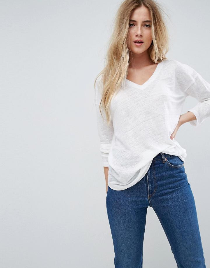 Asos V-neck Long Sleeve T-shirt In Linen Fabric - White