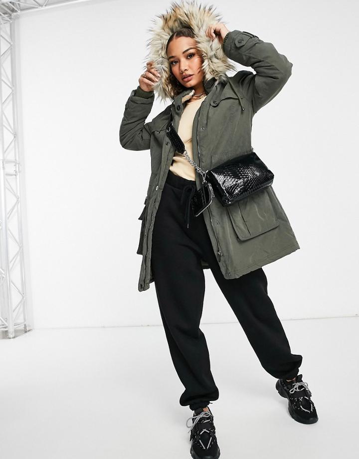 Dkny Micro Twill Parka In Olive-green
