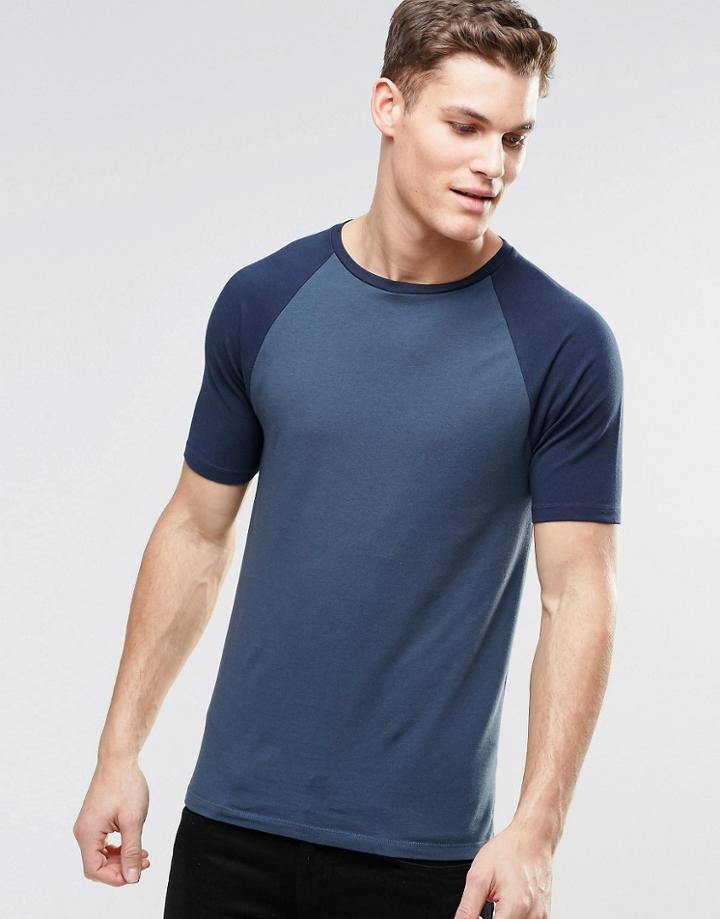 Asos Muscle T-shirt With Contrast Raglan Sleeves In Blue