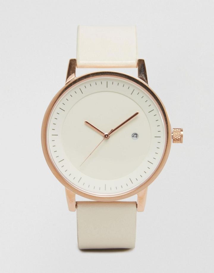 Swco Earl Leather Watch In White & Rose Gold - White