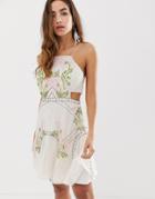 Asos Design Mini Dress In Floral Sequin With Flippy Skirt - Cream