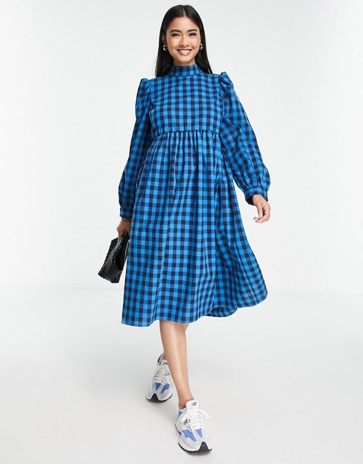 Lola May High Neck Smock Dress In Blue Check-black