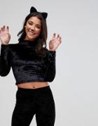 Club L Halloween Crushed Velvet Crop Top With Cat Ears - Black