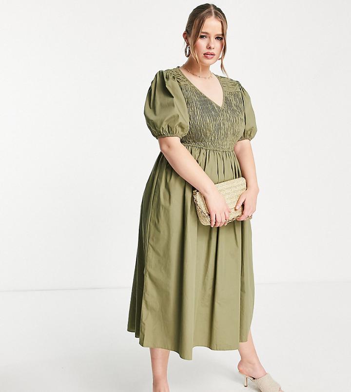 River Island Plus Shirred Poplin Midi Dress In Khaki-green