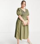 River Island Plus Shirred Poplin Midi Dress In Khaki-green