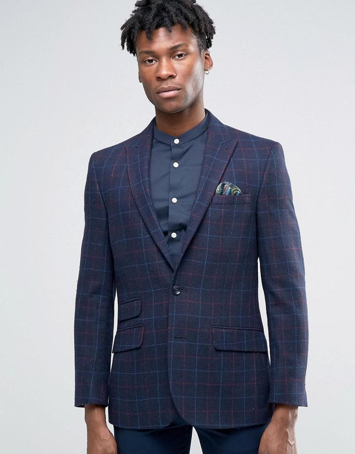 Harry Brown Windowpane Check Slim Fit Blazer - Navy