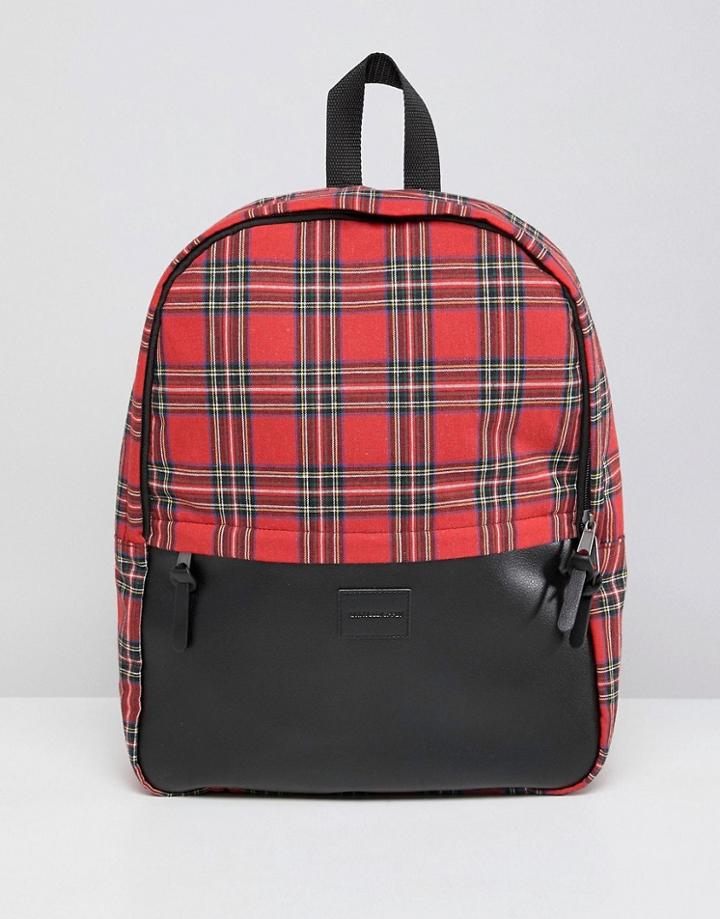 Asos Design Backpack In Red Plaid Check And Faux Leather Pocket - Red