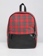 Asos Design Backpack In Red Plaid Check And Faux Leather Pocket - Red