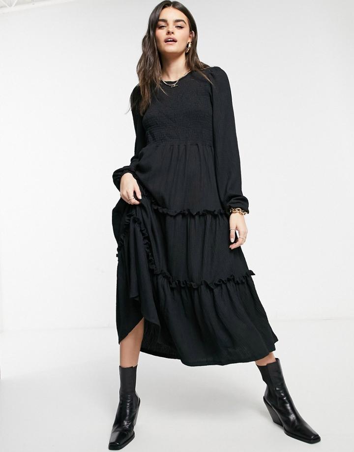 River Island Volume Sleeve Smock Midi Dress In Black