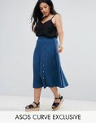 Asos Curve Midi Skirt With Asymmetric Poppers - Blue