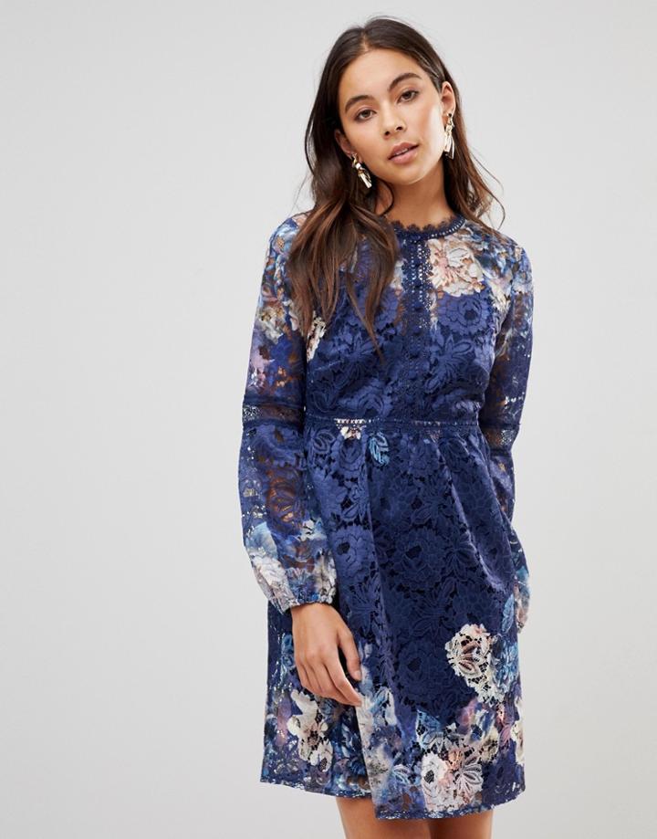 Little Mistress All Over Floral Lace Smock Dress With Bell Sleeve-multi
