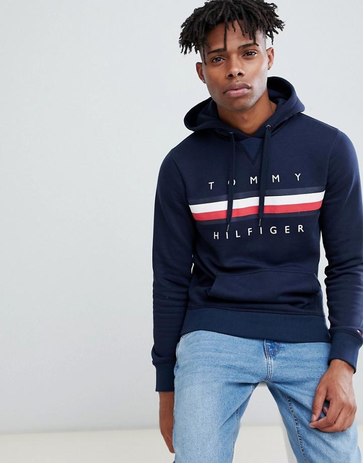 Tommy Hilfiger Icon Stripe Logo Print Hoodie In Navy - Navy