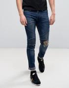 Religion Biker Jeans With Rip Repair Knee Detail In Skinny Fit With Stretch In Dark Wash Blue - Blue