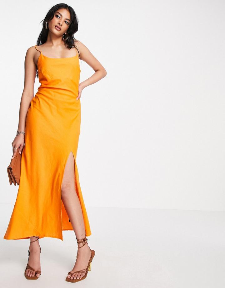 Asos Design Linen Cami Maxi Sundress With A Split In Orange