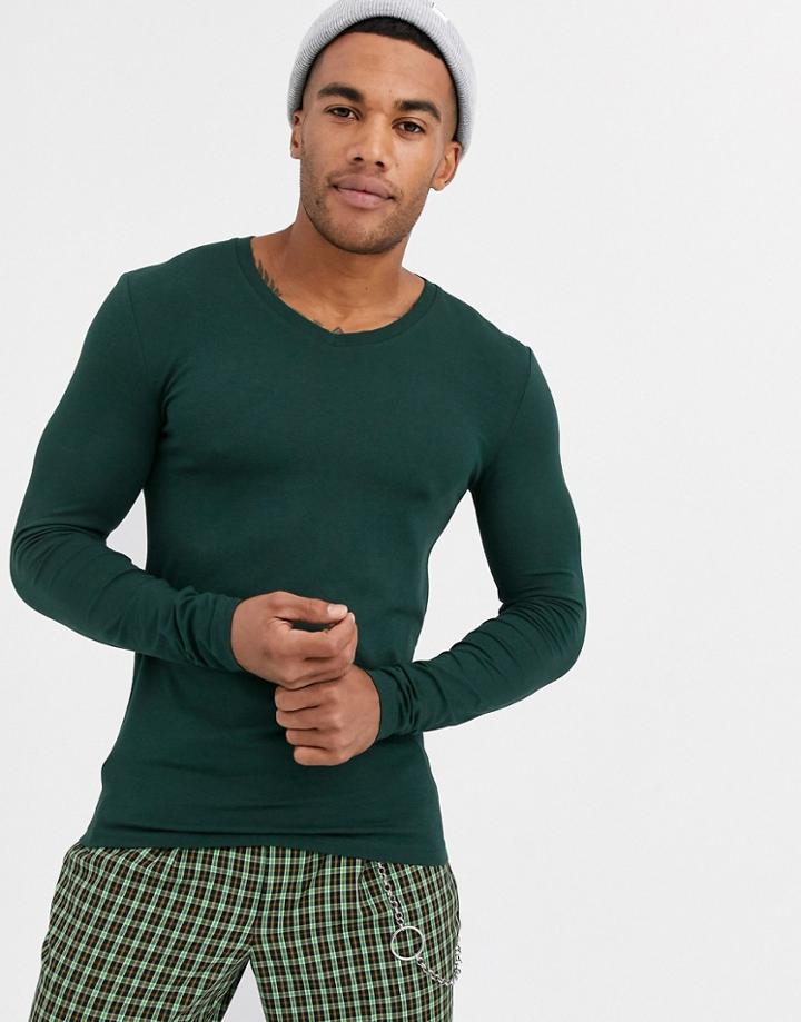 Asos Design Long Sleeve Muscle Fit T-shirt With V Neck In Green