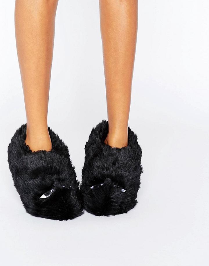 Monki Faux Fur Big Eyes Slippers - Black