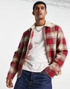 Asos Design Red Check Jacket With Ecru Borg Collar