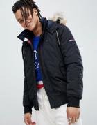 Tommy Jeans Technical Quilted Bomber Jacket Faux Fur Trim Hood In Black - Black