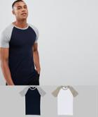 Asos Design Muscle Fit Raglan T-shirt With Contrast Sleeves 2 Pack Save - Multi