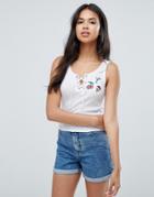 Brave Soul Juno Tie Front Tank With Badges - White