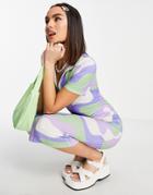 Asos Design Ribbed Short Sleeve Collared Midi Dress In Green And Blue Swirl Print-multi